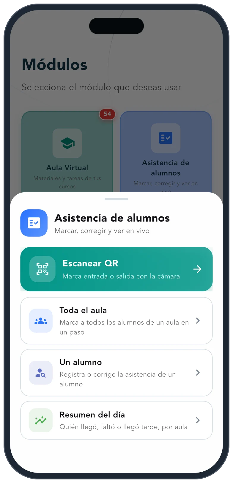 App Kole del docente: escanear QR o marcar la asistencia del aula