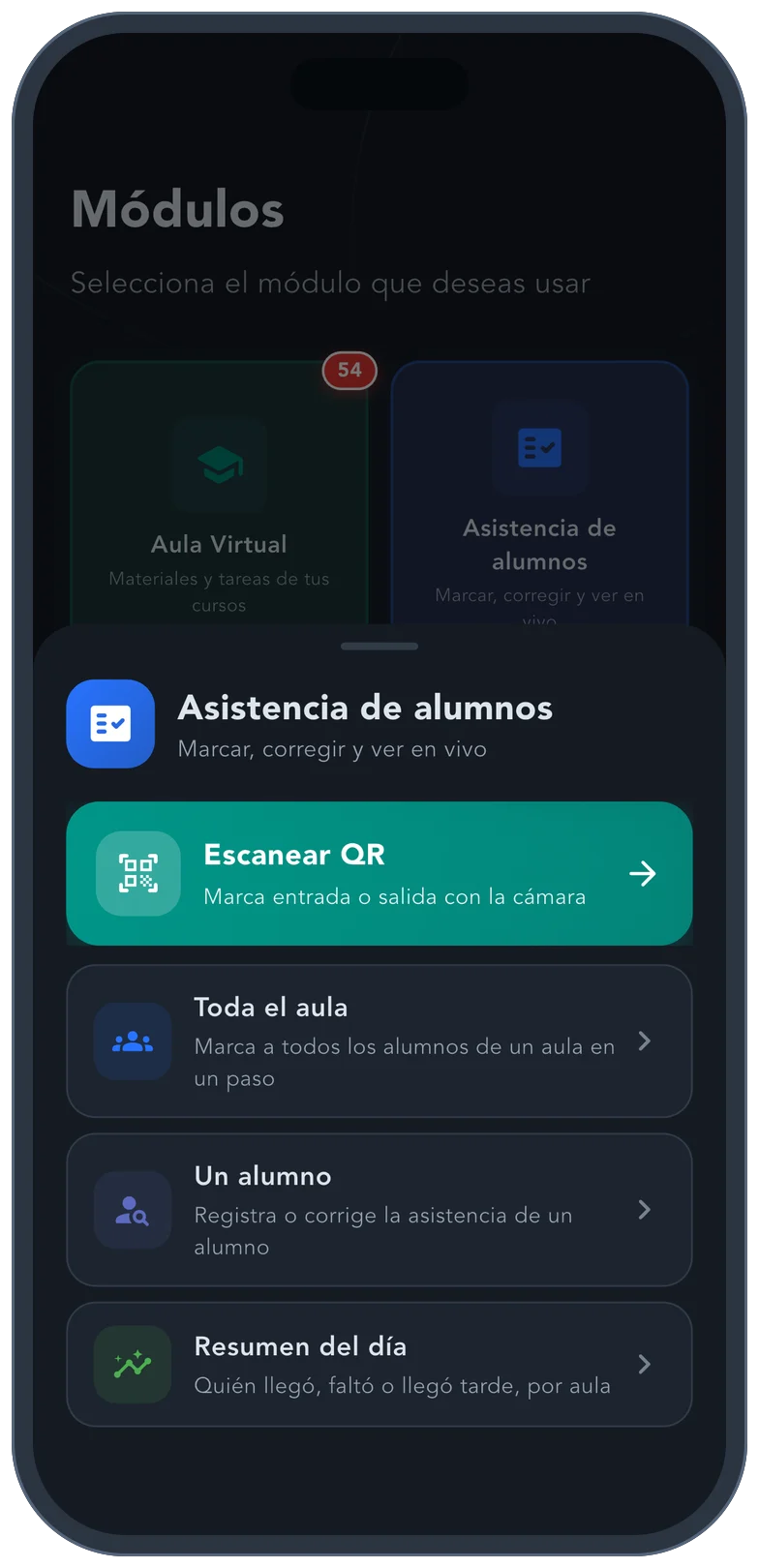 App Kole del docente: escanear QR o marcar la asistencia del aula