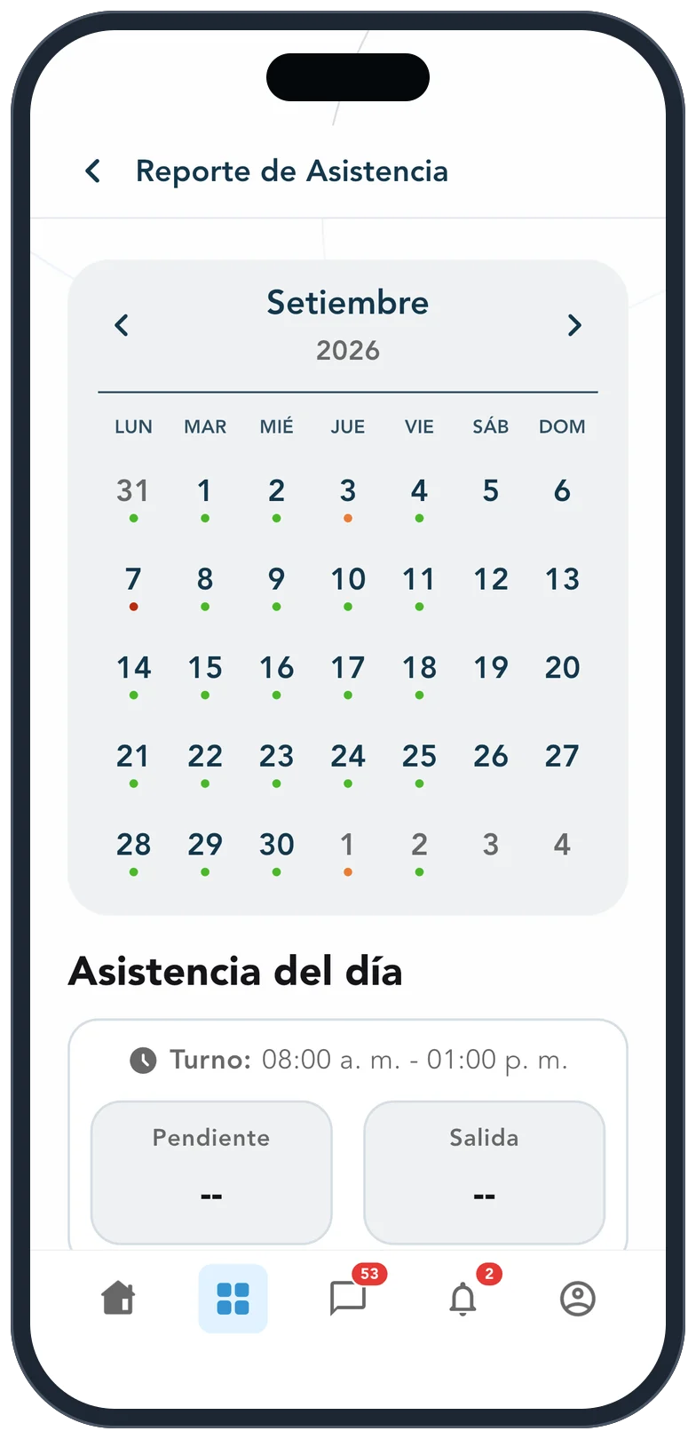 Calendario de asistencia del mes en la app Kole