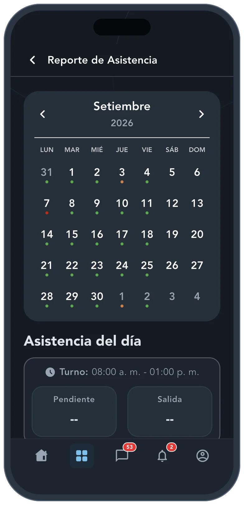 Calendario de asistencia del mes en la app Kole