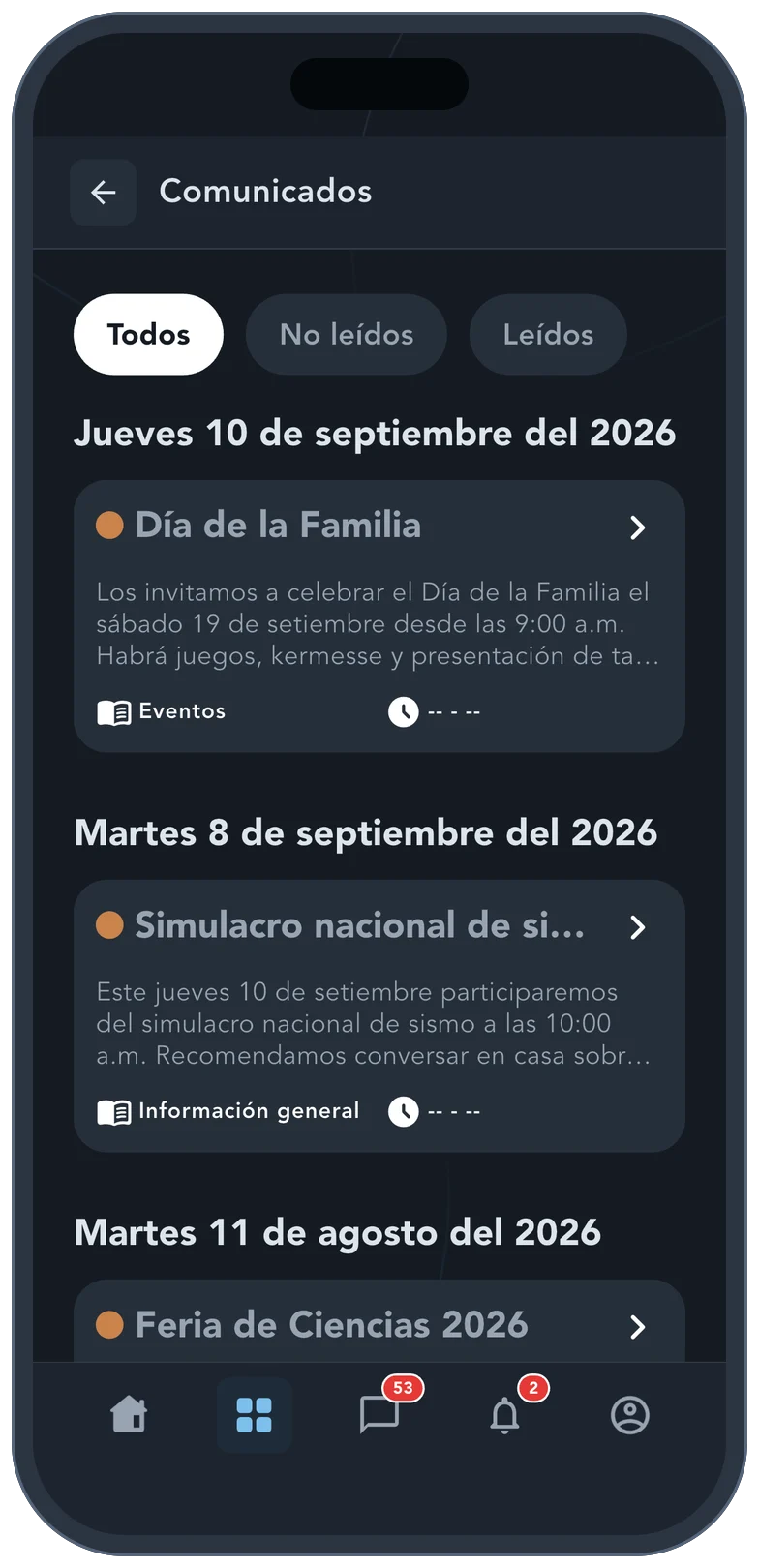 Comunicados del colegio en la app Kole