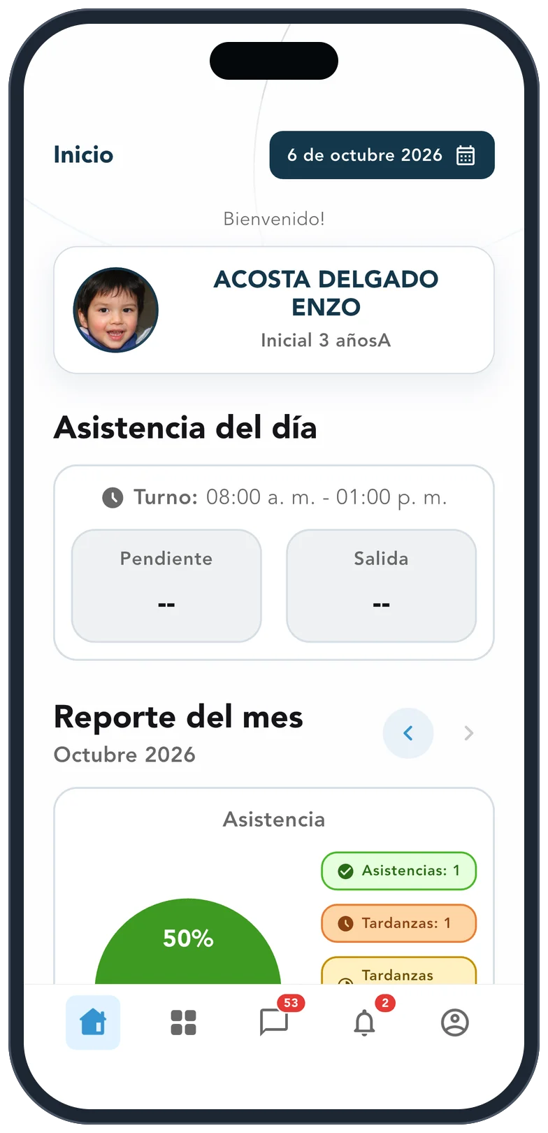 App Kole en Android: inicio de la familia con la asistencia del día