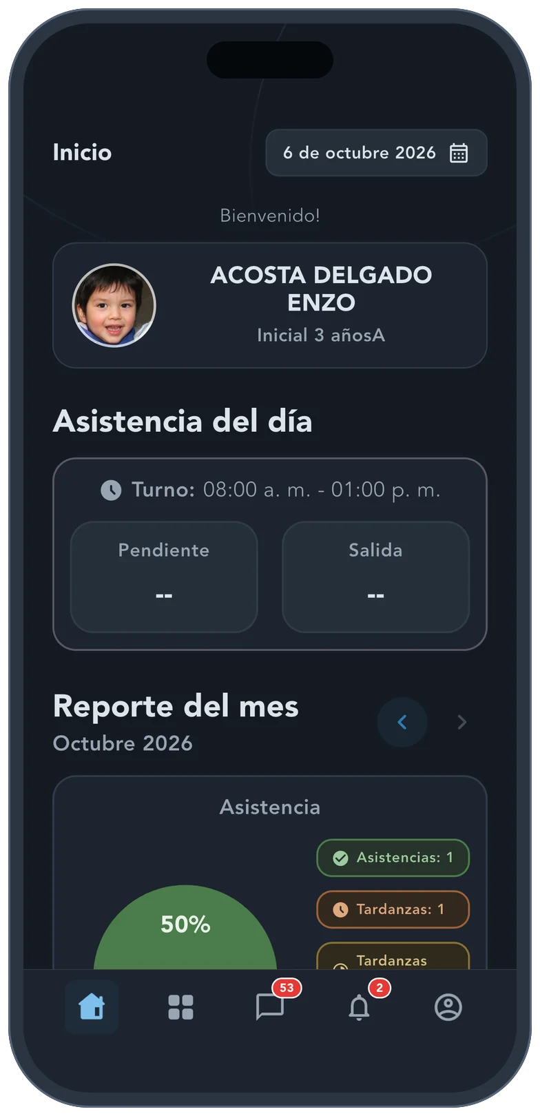App Kole en Android: inicio de la familia con la asistencia del día
